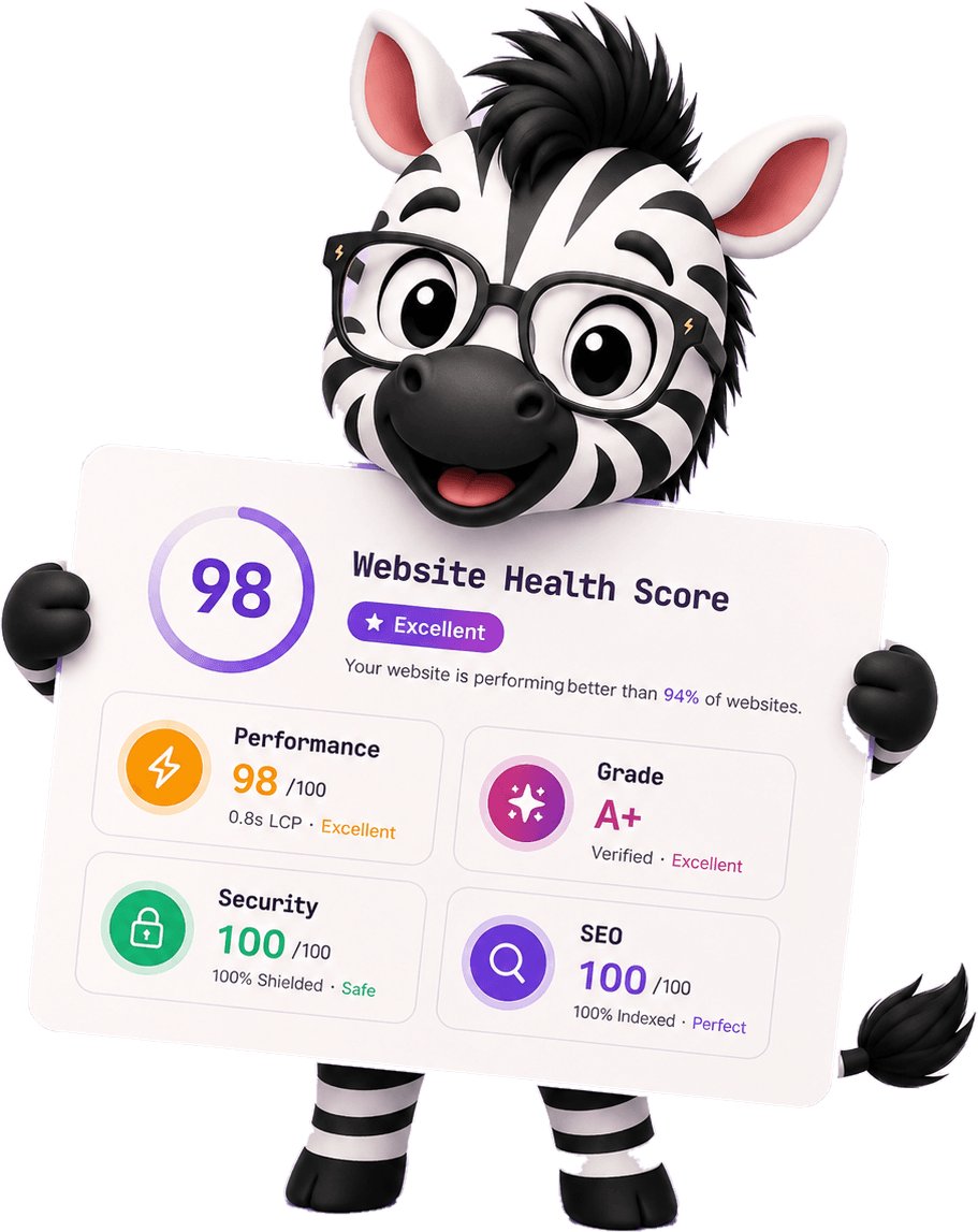 The GlitchX zebra holding a Website Health Score card: 98 out of 100, rated Excellent, performing better than 94% of websites — Performance 98 with a 0.8s LCP, Grade A+ verified, Security 100 fully shielded, and SEO 100 fully indexed.